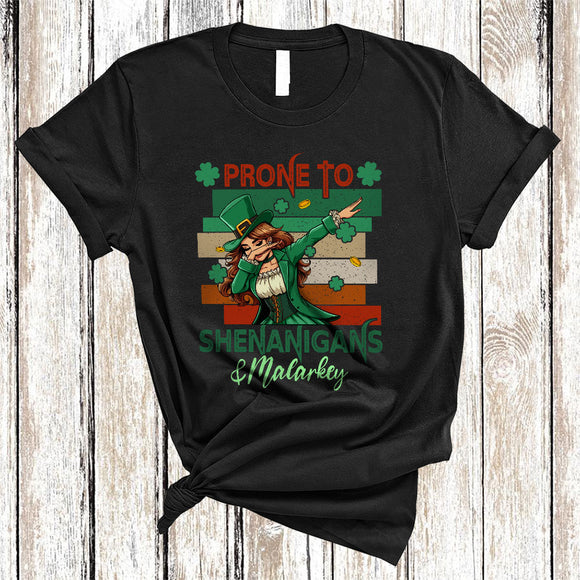 MacnyStore - Vintage Retro Prone To Shenanigans And Malarkey, Cool St. Patrick's Day Irish Women Dabbing, Shamrock T-Shirt