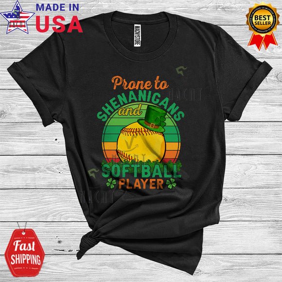 MacnyStore - Vintage Retro Prone To Shenanigans And Softball Player Funny Cool St. Patrick's Day Shamrocks T-Shirt