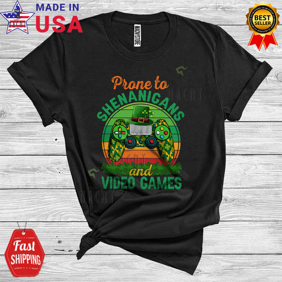 MacnyStore - Vintage Retro Prone To Shenanigans And Video Games Funny Cool St. Patrick's Day Shamrocks Leprechaun T-Shirt
