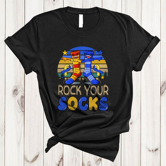 MacnyStore - Vintage Retro Rock Your Socks, Joyful Down Syndrome Day Awareness Ribbon, Dabbing Socks T-Shirt