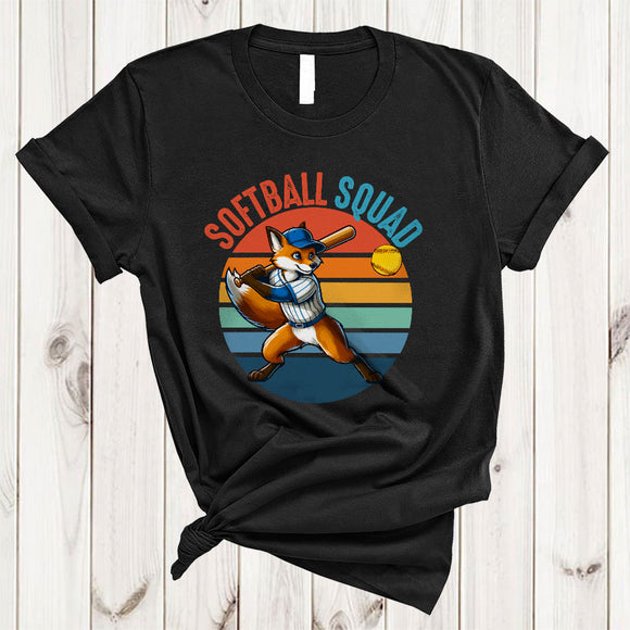 MacnyStore - Vintage Retro Softball Squad, Humorous Fox Playing Softball Player Team, Matching Group T-Shirt