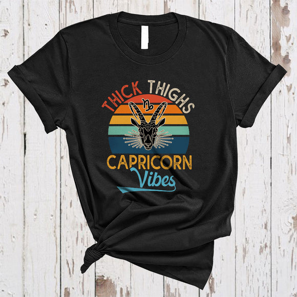 MacnyStore - Vintage Retro Thick Thighs Capricorn Vibes, Amazing Birthday December And January, Zodiac T-Shirt