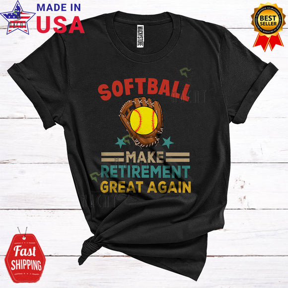 MacnyStore - Vintage Softball Make Retirement Great Again Funny Cool Retired 2023 Sport Player Playing T-Shirt