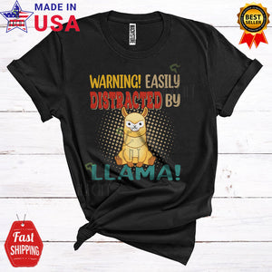 MacnyStore - Vintage Warning Easily Distracted By Llama Cool Cute Animal Zoo Keeper Matching Wild Animal Lover T-Shirt
