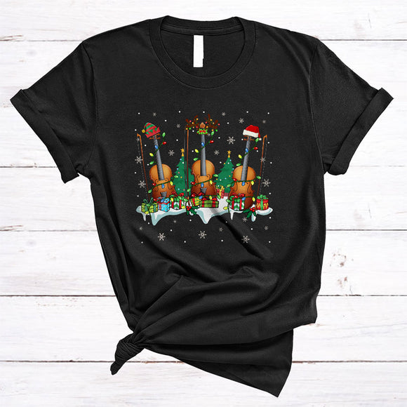 MacnyStore - Violin With X-mas Tree, Colorful Christmas Musical Instruments Player, X-mas Snow Around T-Shirt