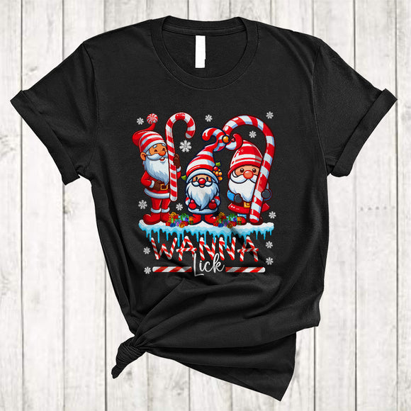 MacnyStore - Wanna Lick, Sarcastic Funny Christmas Naughty Three Gnomes Candy Canes, X-mas Family T-Shirt