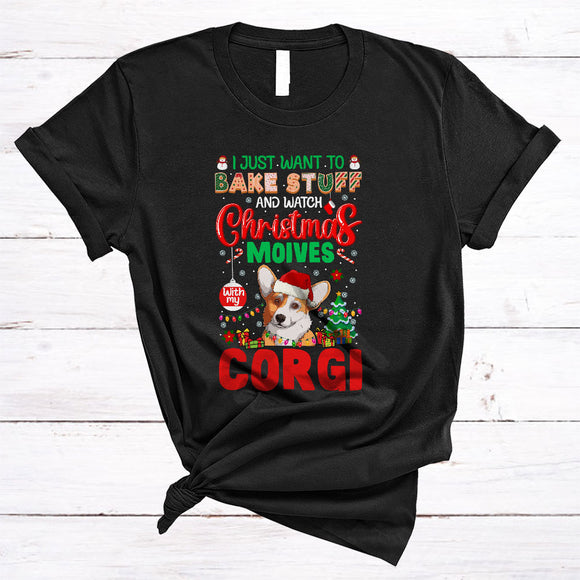 MacnyStore - Want To Bake Stuff Watch Christmas Movies With My Corgi Cool Merry Xmas Santa Dog Movie T-Shirt