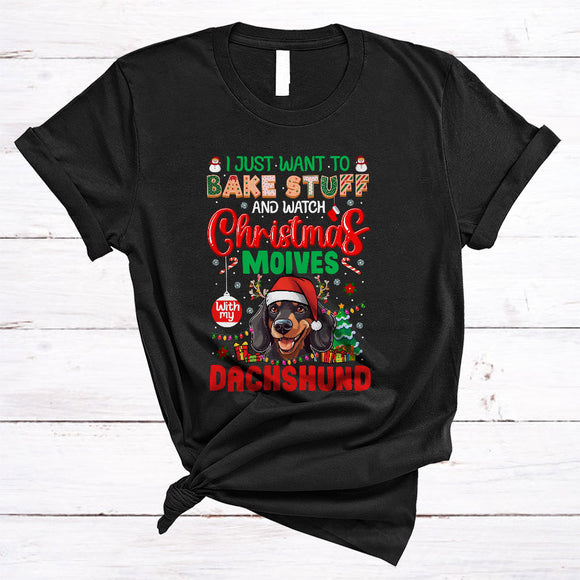 MacnyStore - Want To Bake Stuff Watch Christmas Movies With My Dachshund Cool Merry Xmas Santa Dog Movie T-Shirt