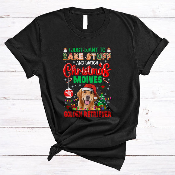 MacnyStore - Want To Bake Stuff Watch Christmas Movies With My Golden Retriever  Cool Merry Xmas Santa Dog Movie T-Shirt