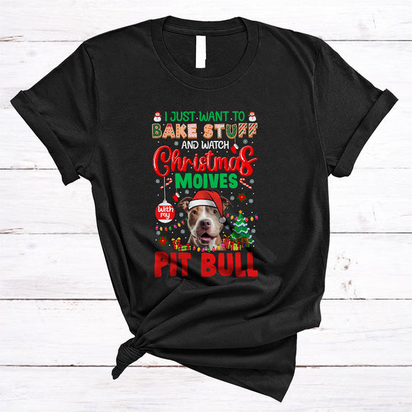 MacnyStore - Want To Bake Stuff Watch Christmas Movies With My Pit Bull Cool Merry Xmas Santa Dog Movie T-Shirt