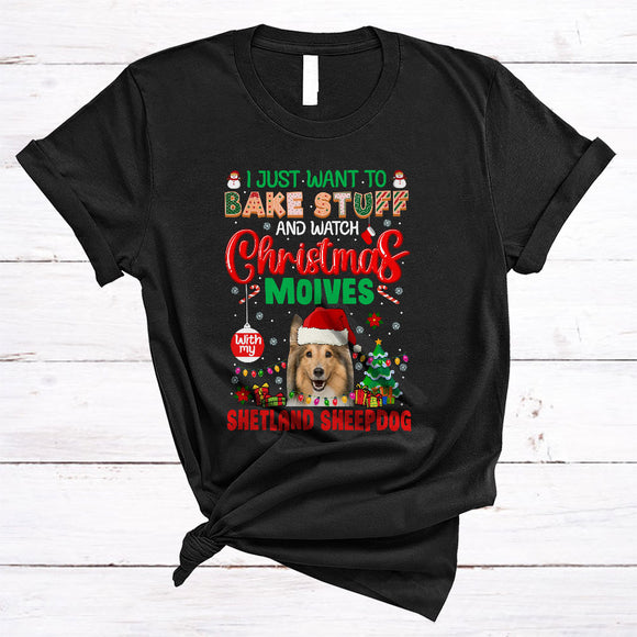 MacnyStore - Want To Bake Stuff Watch Christmas Movies With My shetland Sheepdog Cool Merry Xmas Santa Dog Movie T-Shirt