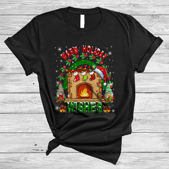 MacnyStore - Warm Holiday Wishes, Colorful Cool Christmas Santa Fireplace, X-mas Lights Rainbow Gnomes T-Shirt