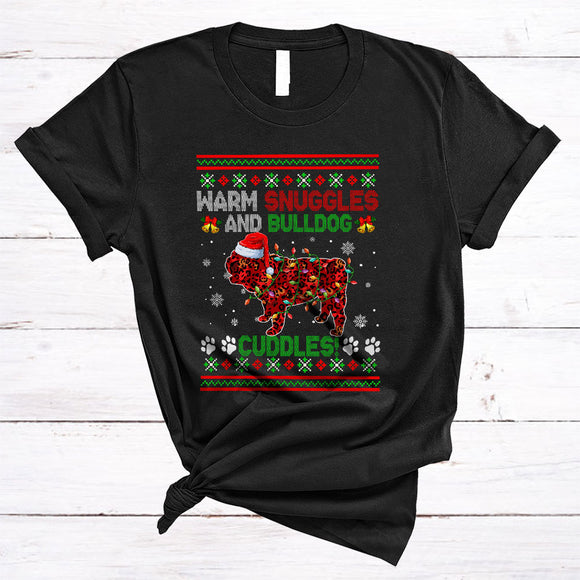 MacnyStore - Warm Snuggles And Bulldog Cuddles, Fantastic Christmas Santa Puppy, Sweater X-mas Lights T-Shirt
