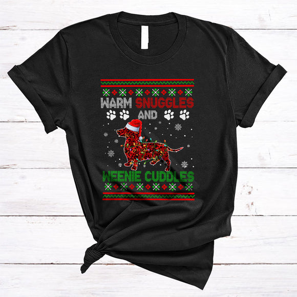 MacnyStore - Warm Snuggles And Dachshund Cuddles, Fantastic Christmas Santa Puppy, Sweater X-mas Lights T-Shirt