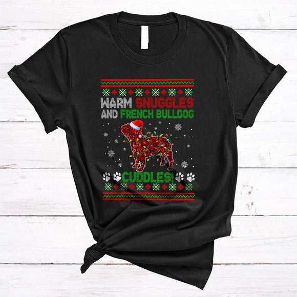 MacnyStore - Warm Snuggles And French Bulldog Cuddles, Fantastic Christmas Santa Puppy, Sweater X-mas Lights T-Shirt