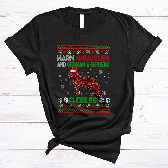 MacnyStore - Warm Snuggles And German Shepherd Cuddles, Fantastic Christmas Santa Puppy, Sweater X-mas Lights T-Shirt