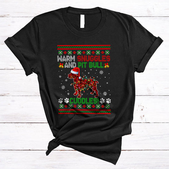 MacnyStore - Warm Snuggles And Pit Bull Cuddles, Fantastic Christmas Santa Puppy, Sweater X-mas Lights T-Shirt