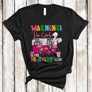MacnyStore - Warning The Girls Are Drinking Again, Lovely Easter Day Three Bunny Flamingo, Camping Camper T-Shirt