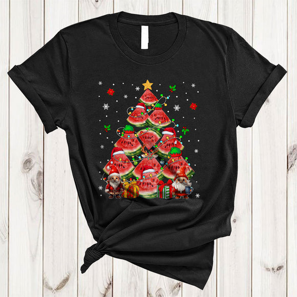 MacnyStore - Watermelon Christmas Tree, Lovely X-mas Lights Watermelon Gnomes, Matching Family Fruit T-Shirt