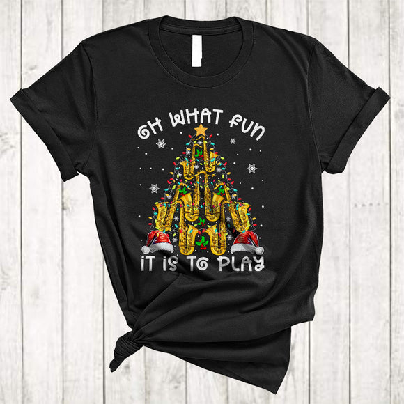 MacnyStore - Oh What Fun It Is To Play, Cheerful Christmas Lights Tree Saxophone Player, Saxophone Lover X-mas Group T-Shirt