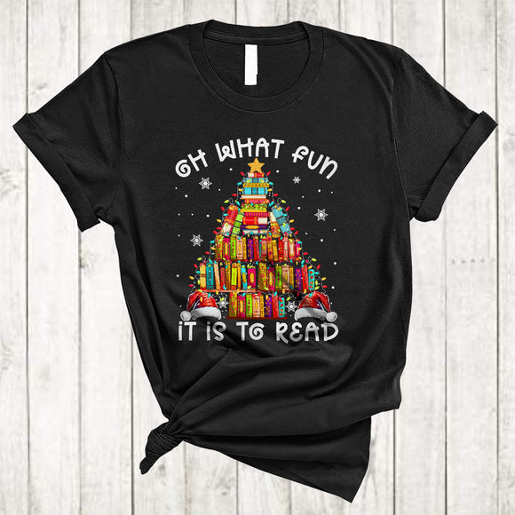MacnyStore - Oh What Fun It Is To Read, Cheerful Christmas Lights Tree Librarian Book, Book Nerd Lover X-mas Group T-Shirt