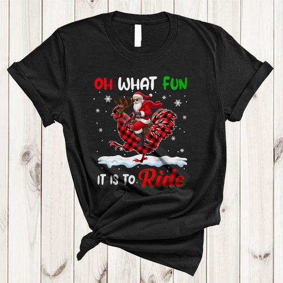 MacnyStore - Oh What Fun It Is To Ride, Awesome Santa Riding Chicken Red Plaid, Farmer X-mas Animal T-Shirt