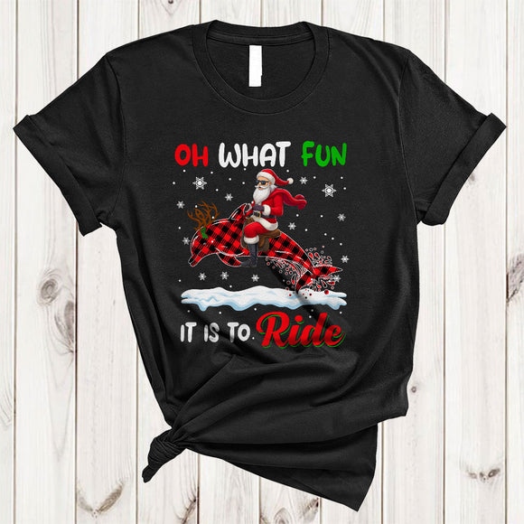 MacnyStore - Oh What Fun It Is To Ride, Awesome Santa Riding Dolphin Red Plaid Reindeer, X-mas Animal T-Shirt