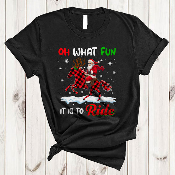MacnyStore - Oh What Fun It Is To Ride, Awesome Santa Riding Horse Red Plaid, Farmer X-mas Animal T-Shirt