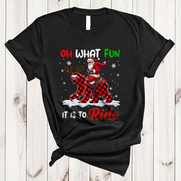 MacnyStore - Oh What Fun It Is To Ride, Awesome Santa Riding Sloth Red Plaid Reindeer, X-mas Animal T-Shirt