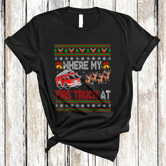MacnyStore - Where My Fire Truck At, Wonderful Christmas Sweater Fire Truck Santa Sleigh, X-mas Firefighter T-Shirt