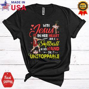 MacnyStore - With Jesus In Her Heart And A Softball In Her Hand Cool Floral Flowers Softball Player Playing Lover T-Shirt