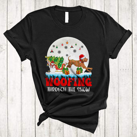 MacnyStore - Woofing Through The Snow, Lovely Merry Christmas Santa Pit Bull, X-mas Sleigh Puppy Lover T-Shirt